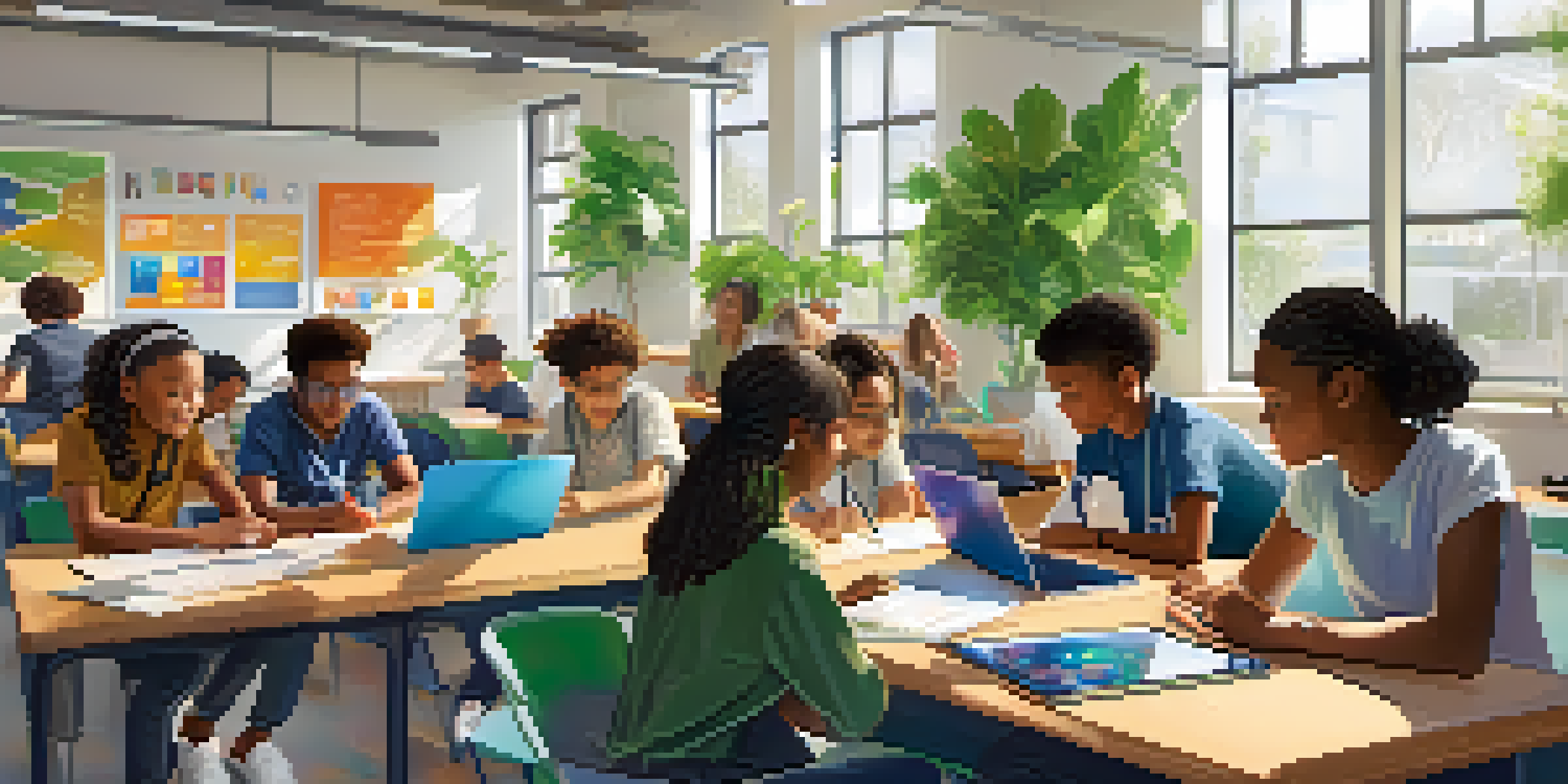A vibrant classroom with diverse students using digital devices and collaborating on a project, filled with natural light and educational posters.