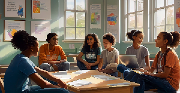 A group of diverse students in a classroom sitting in a circle, sharing support and discussing mental health, with sunlight streaming in and motivational posters on the walls.