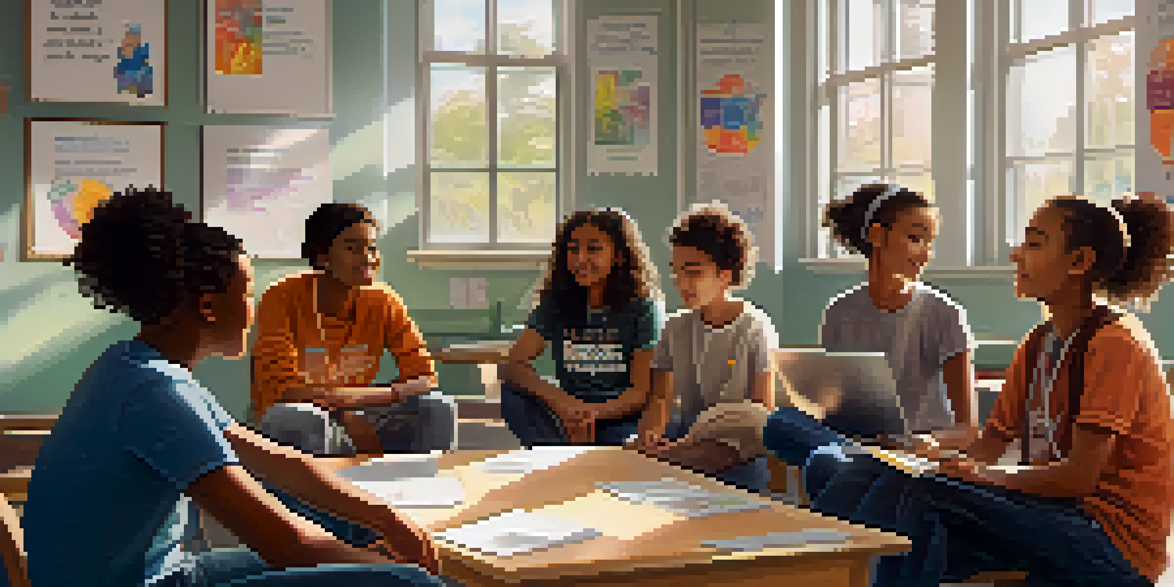 A group of diverse students in a classroom sitting in a circle, sharing support and discussing mental health, with sunlight streaming in and motivational posters on the walls.