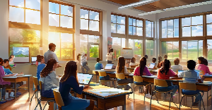 A diverse group of students in a colorful classroom, engaged with technology and collaborating on projects.