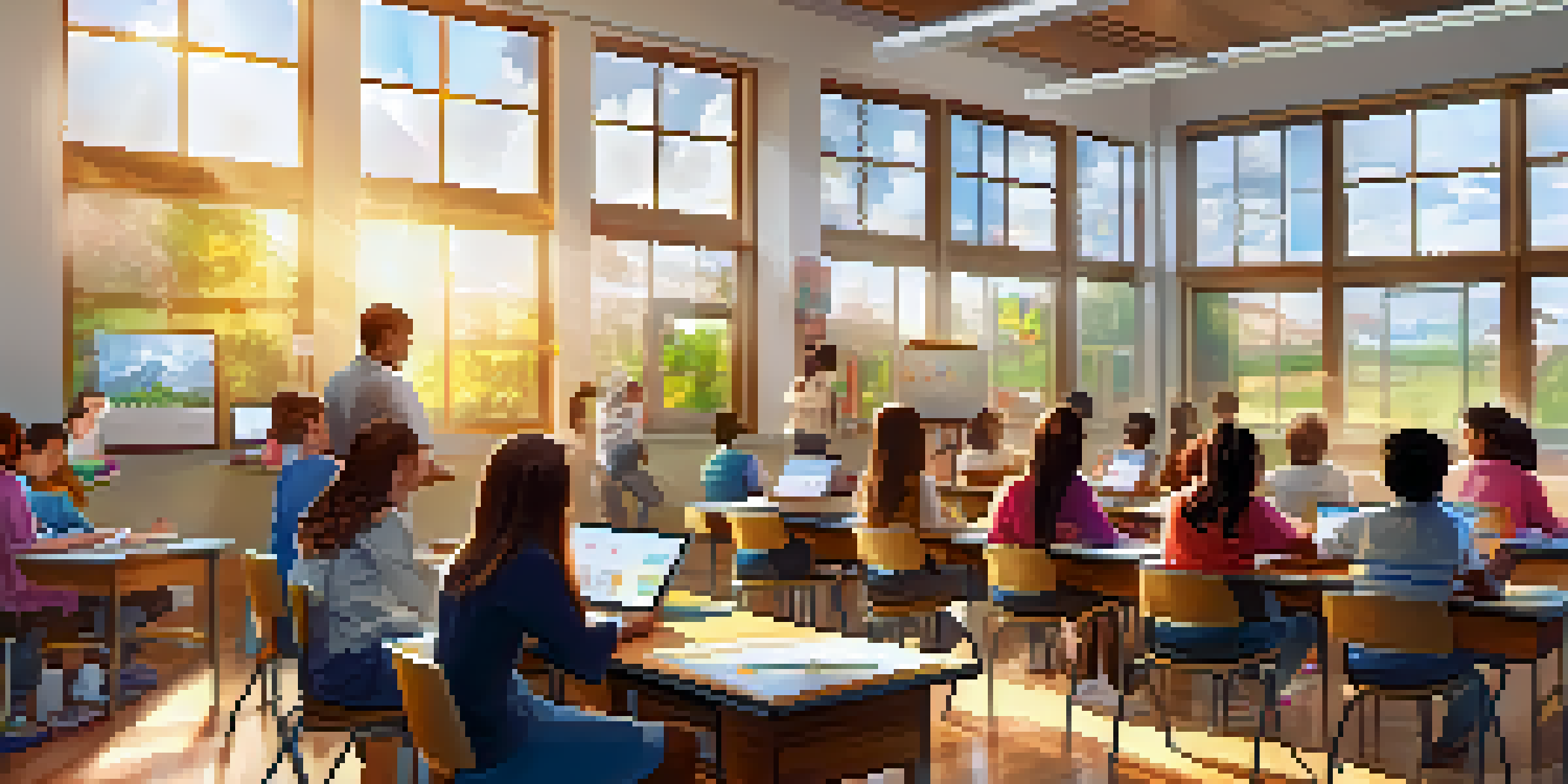A diverse group of students in a colorful classroom, engaged with technology and collaborating on projects.