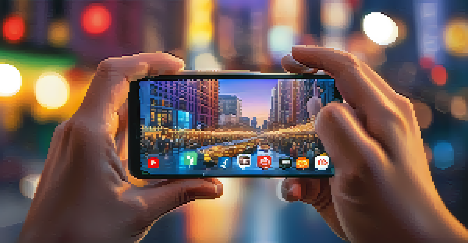 A close-up of hands holding a smartphone displaying social media icons against a blurred city backdrop.