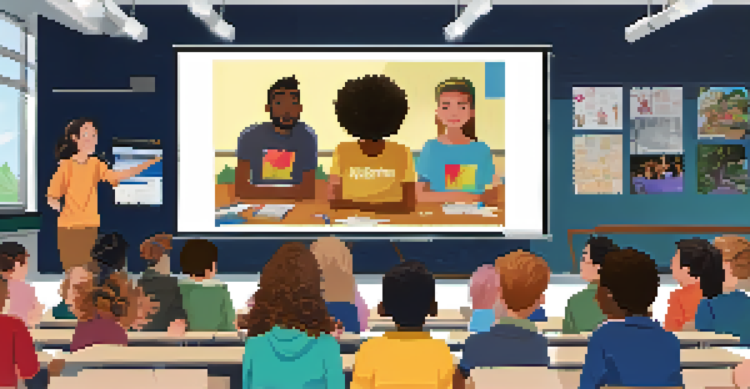 A group of students presenting their digital storytelling project to a class, with a video displayed on a screen and classmates actively engaged.