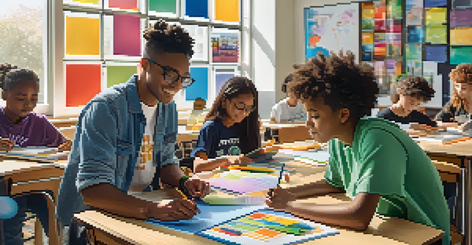 A diverse group of students working together on a project in a bright classroom filled with educational materials and art supplies.