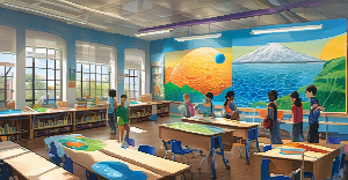 A diverse group of students working together on an art project depicting the water cycle, with colorful scientific posters on the walls and sunlight streaming through the windows.