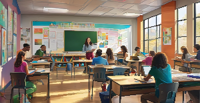 A lively classroom with students participating in blended learning, using laptops and interacting with a teacher at a whiteboard, illuminated by natural light.