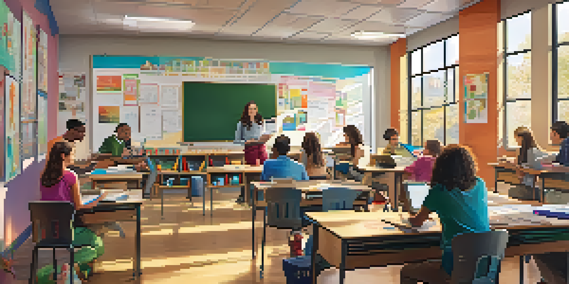A lively classroom with students participating in blended learning, using laptops and interacting with a teacher at a whiteboard, illuminated by natural light.