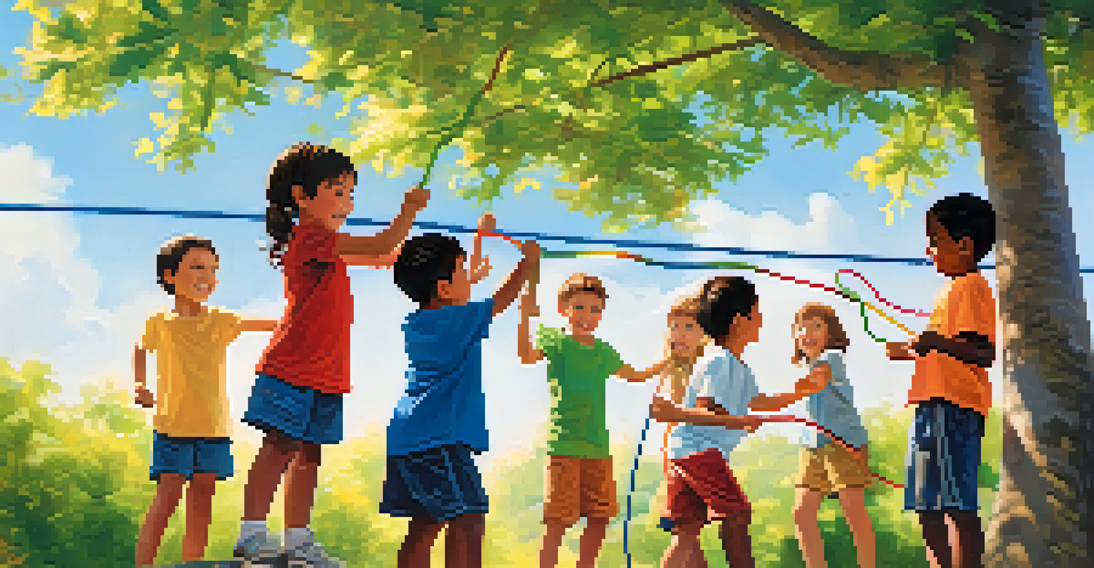 Children working together in a cooperative game outside, showing teamwork and excitement in a sunny environment.