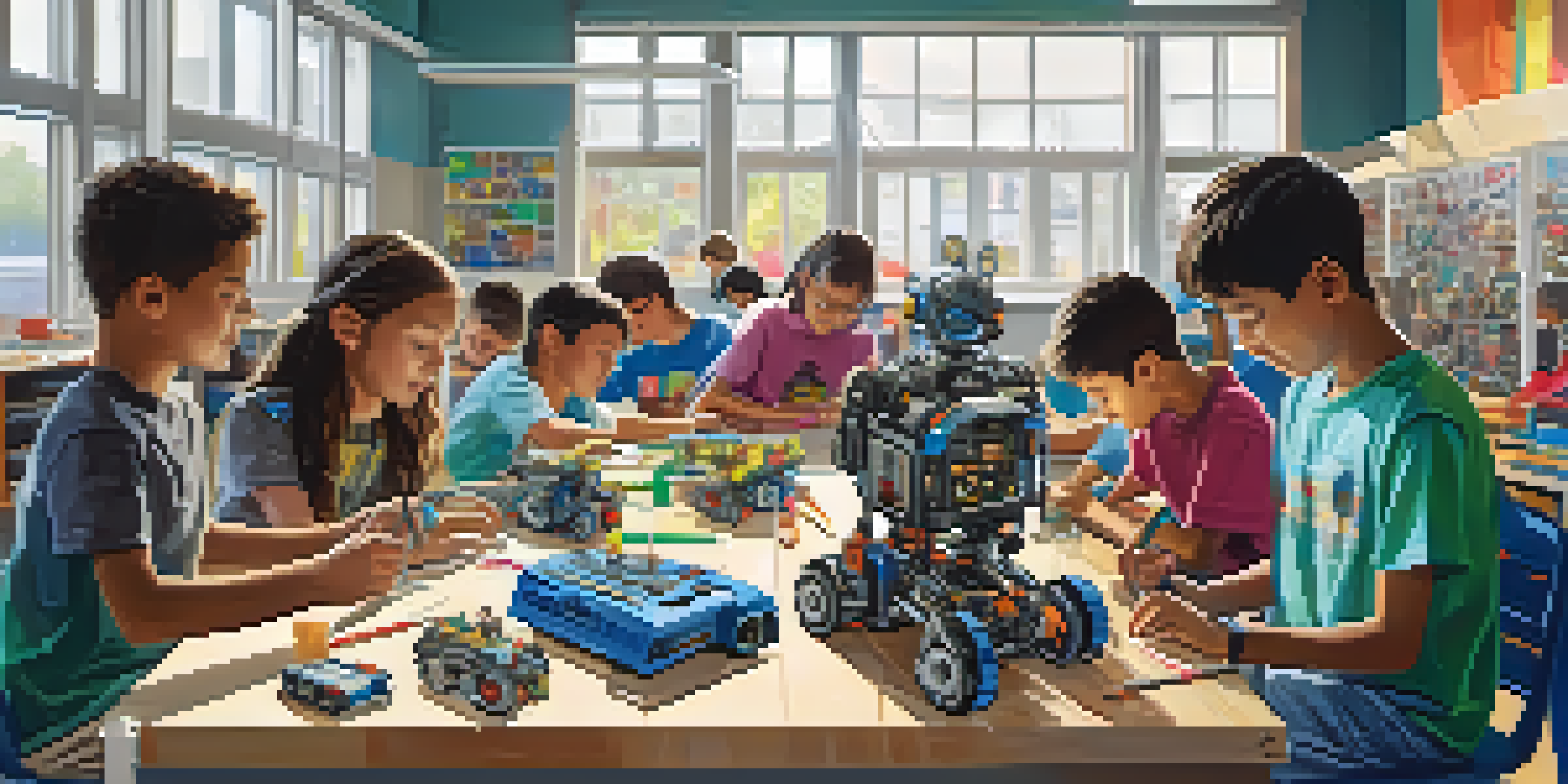 A diverse group of students collaborating in a classroom, building and programming robots with tools and laptops, illuminated by sunlight.