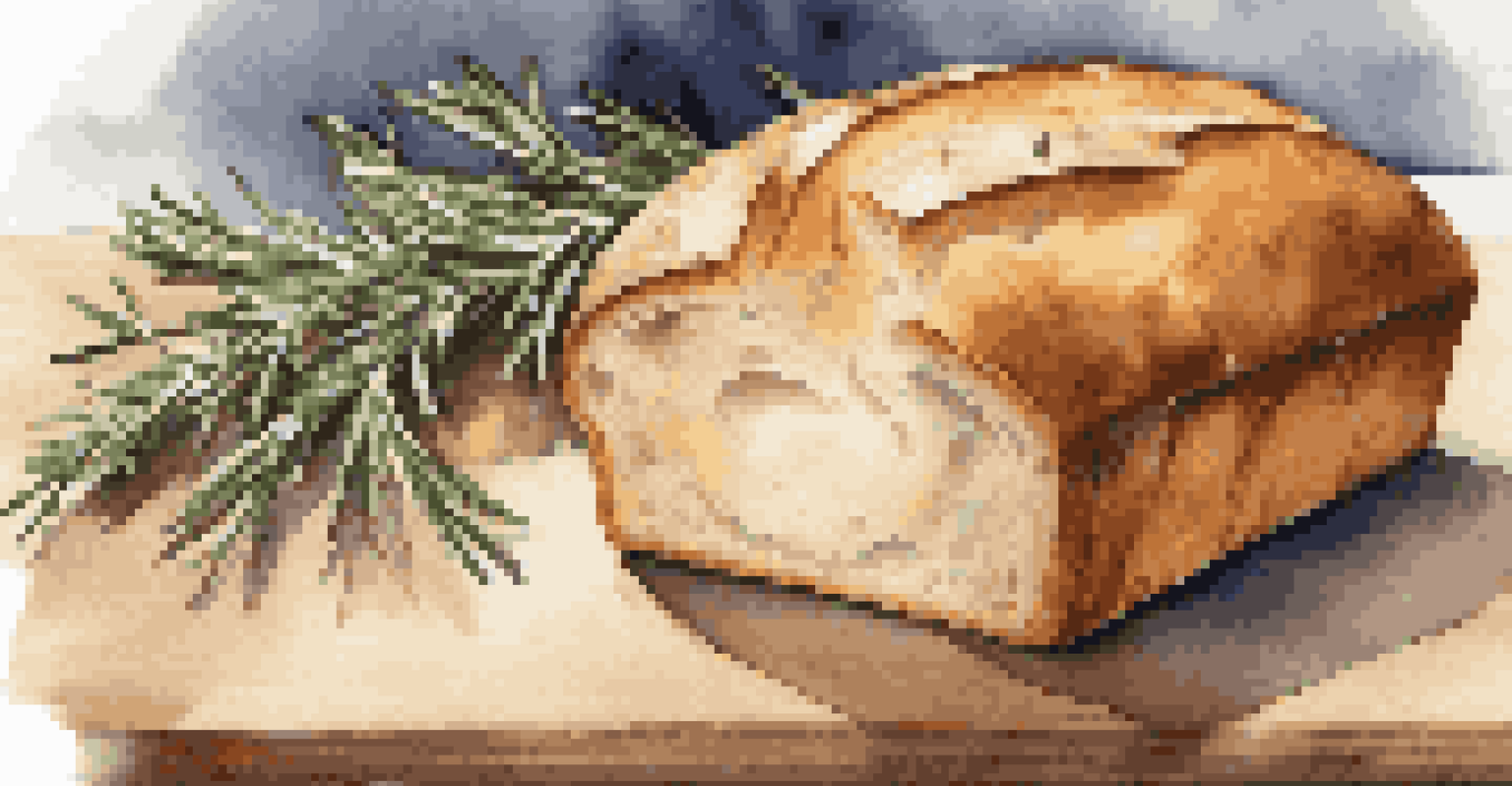 A freshly baked loaf of bread on a wooden cutting board, with a golden crust and soft inside, accompanied by rosemary and a dish of olive oil.