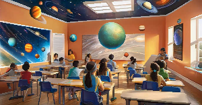 Students in a classroom using augmented reality headsets to explore a 3D model of the solar system with colorful posters and natural light.