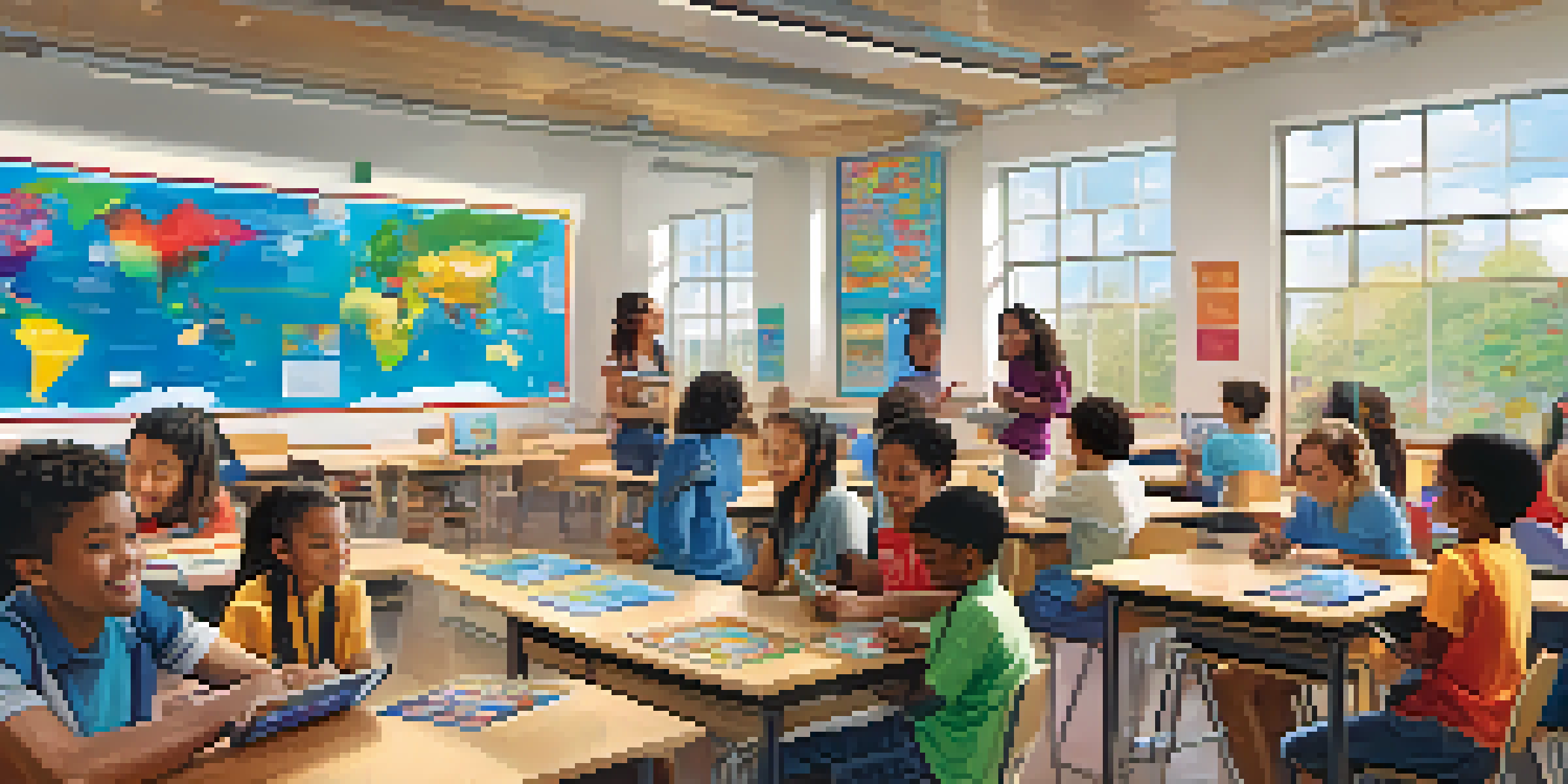 A lively classroom with diverse students using tablets and interactive screens for adaptive learning, with natural light and colorful posters.