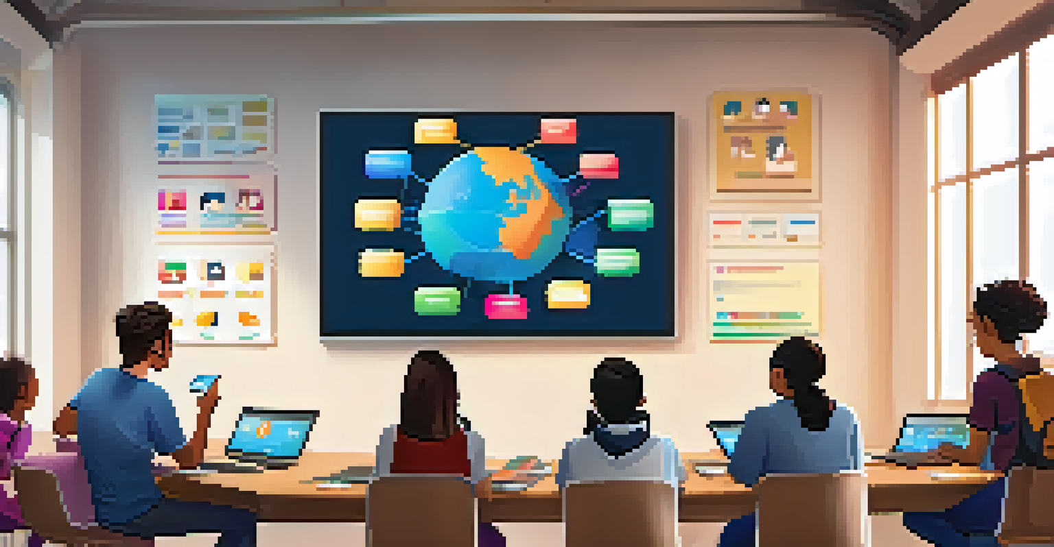 A diverse group of students collaborating around a touchscreen display, engaged in an interactive quiz in a bright modern classroom.