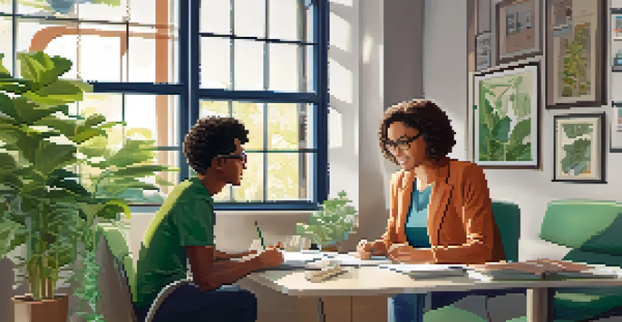 A mentor and her mentee engaged in a discussion in a well-lit modern office, surrounded by motivational posters and plants.