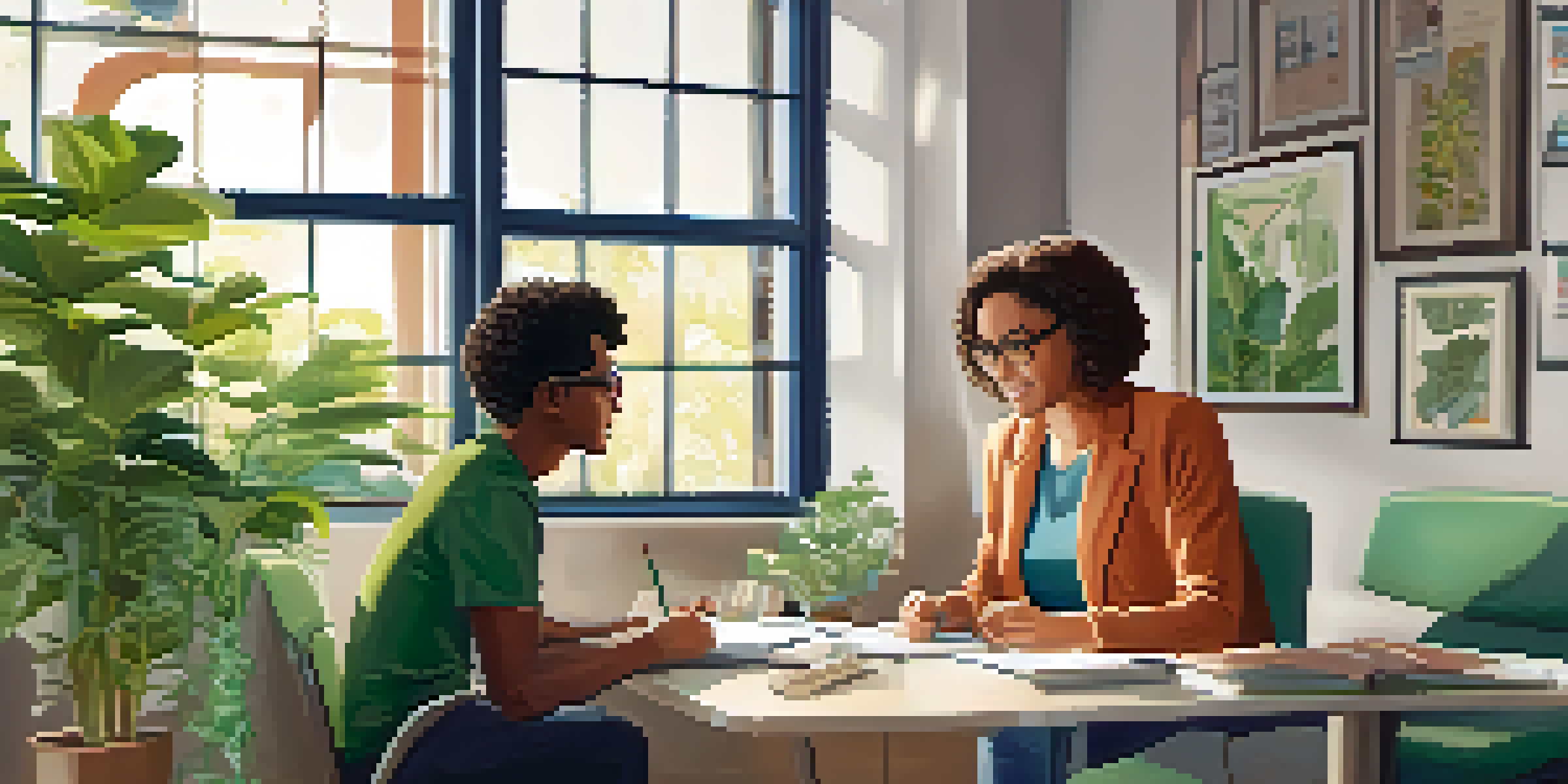 A mentor and her mentee engaged in a discussion in a well-lit modern office, surrounded by motivational posters and plants.