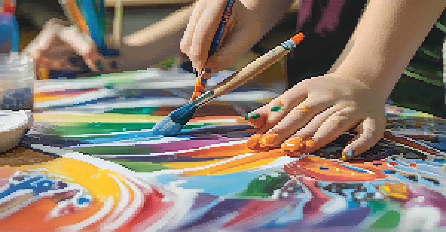 Close-up of a student's hands painting a vibrant mural, showcasing creativity in a project-based learning environment.