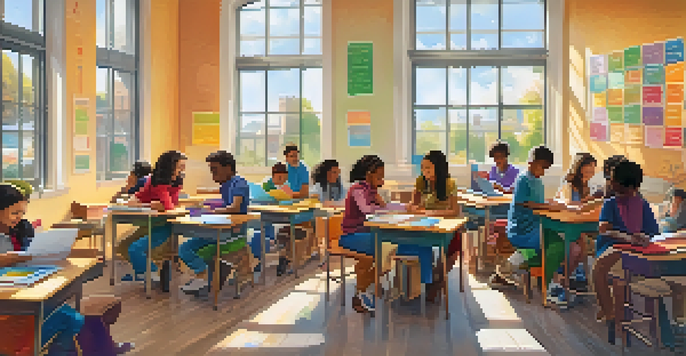A colorful classroom with diverse students collaborating at a round table, using digital devices and books, with sunlight brightening the room.