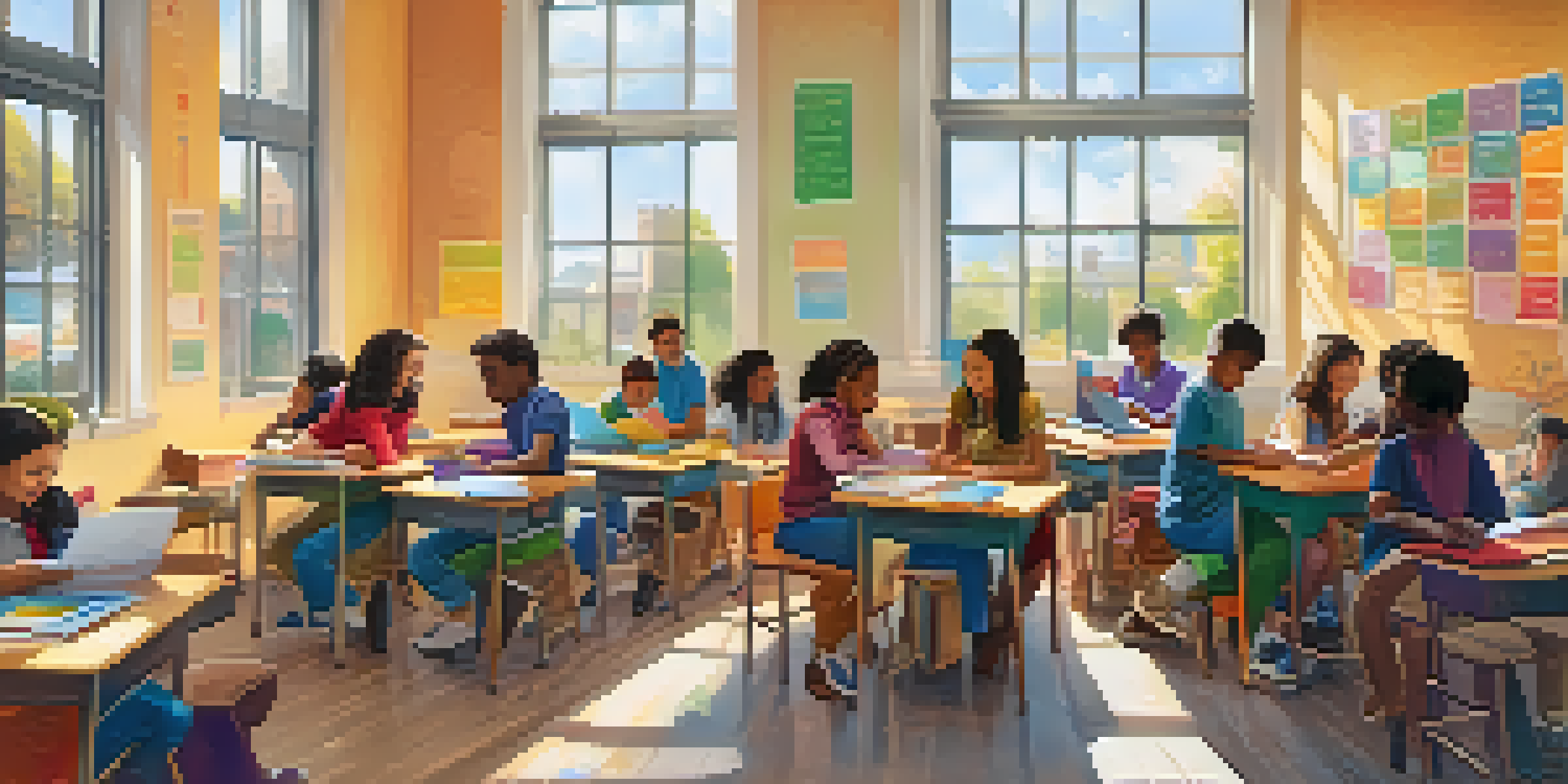 A colorful classroom with diverse students collaborating at a round table, using digital devices and books, with sunlight brightening the room.