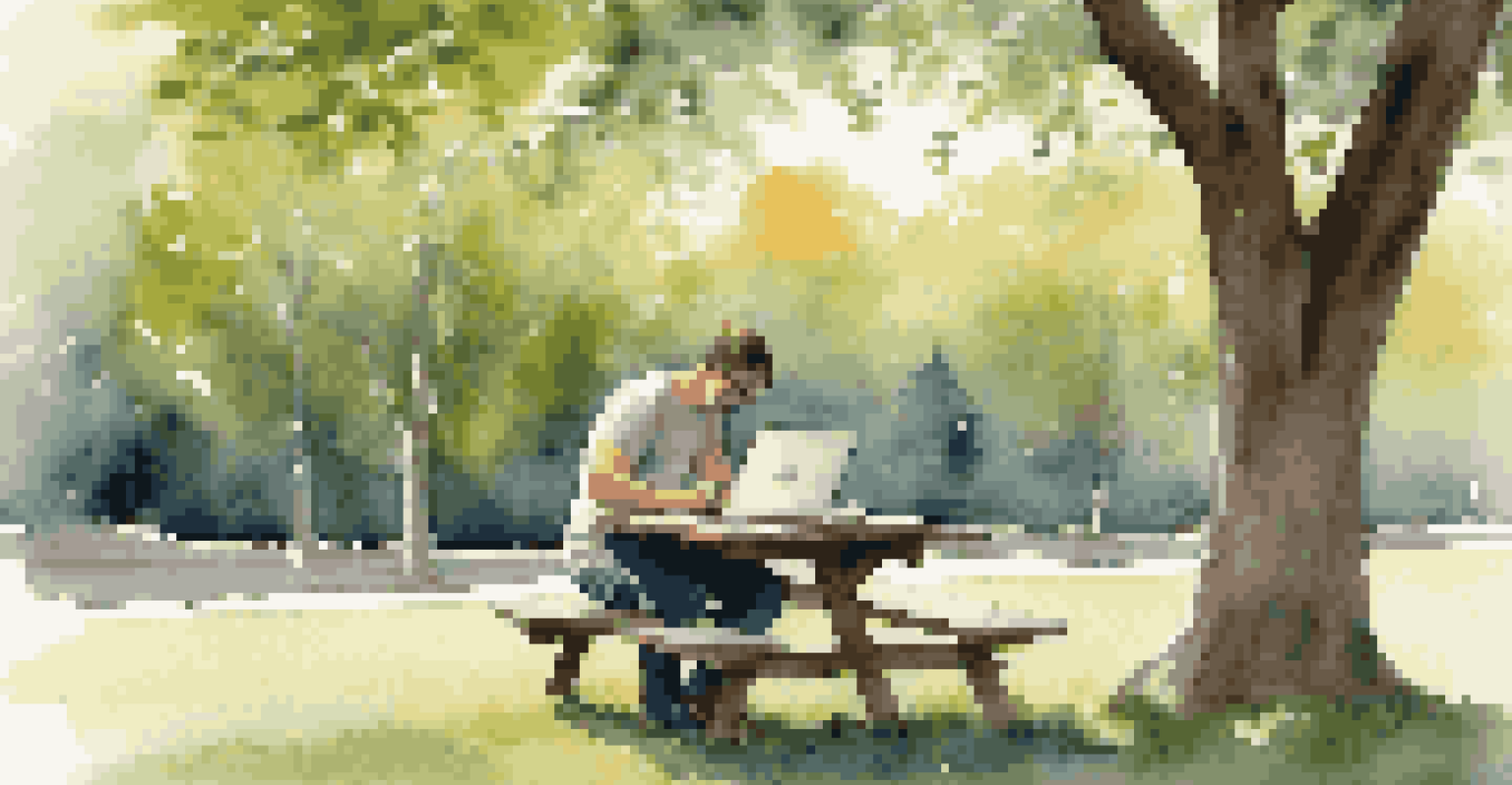 A freelancer sitting at a picnic table in a park, working on a laptop amidst trees and greenery, symbolizing a blend of nature and productivity.