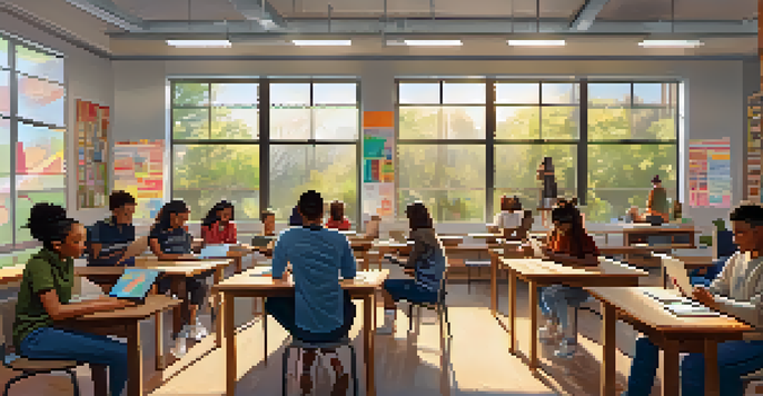 A classroom with diverse students using tablets and laptops, while a teacher leads a discussion, illuminated by sunlight through large windows.