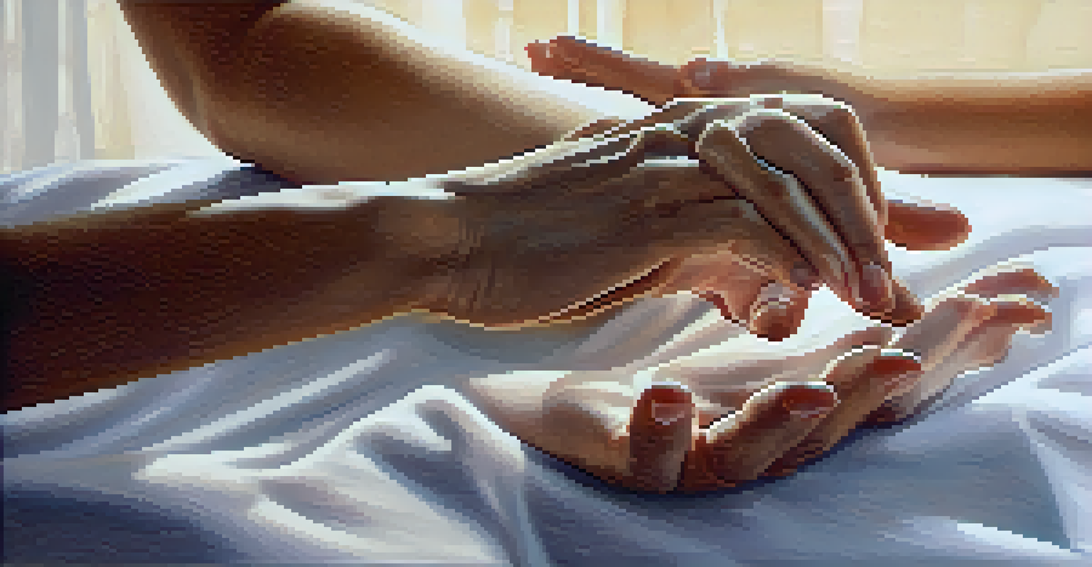 Close-up of hands practicing breathwork, with a soft-focus tranquil room in the background.