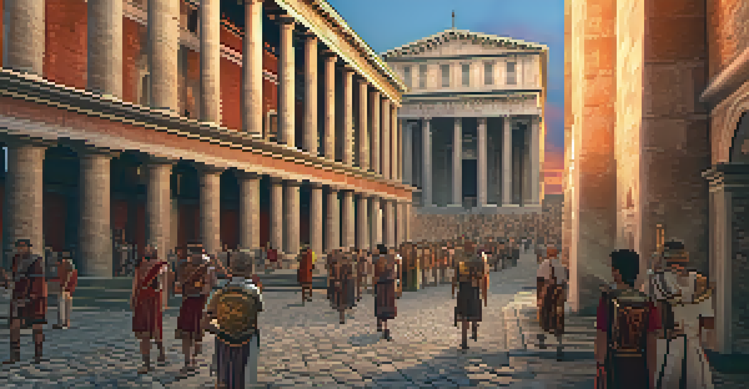 A virtual reality scene of students exploring ancient Roman streets at sunset, interacting with virtual citizens.