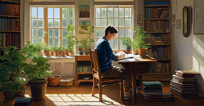 An adult learner writing in a journal at a wooden desk, surrounded by books and plants, illuminated by sunlight from a window.