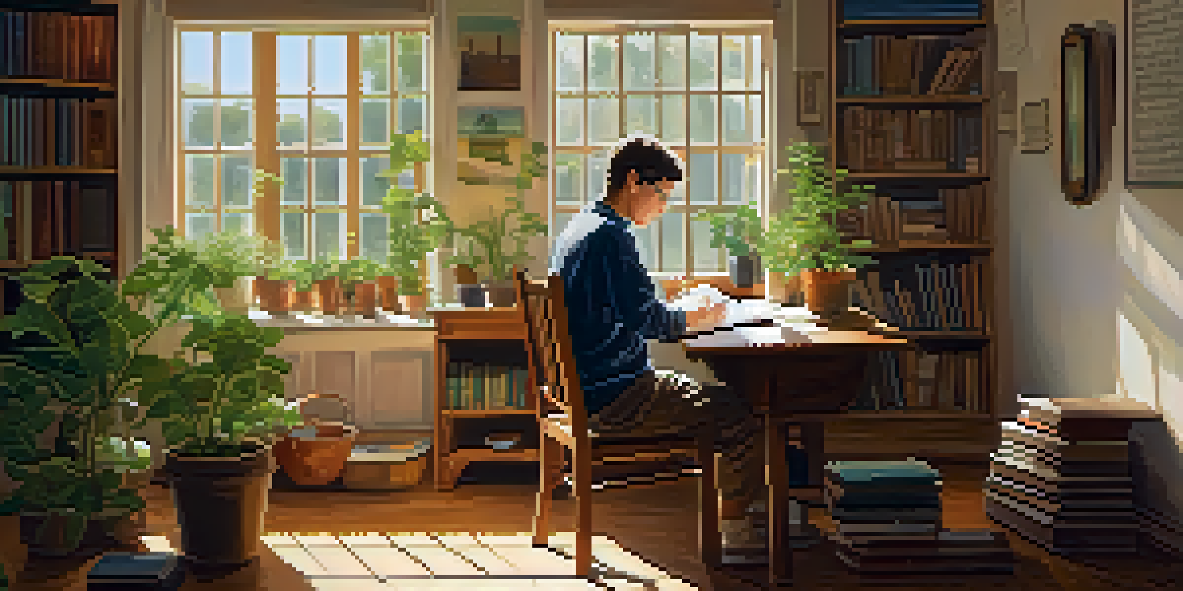 An adult learner writing in a journal at a wooden desk, surrounded by books and plants, illuminated by sunlight from a window.