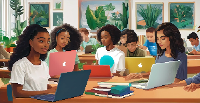 A diverse group of students focusing on their laptops in a bright, modern learning environment, with colorful screens showing educational material.