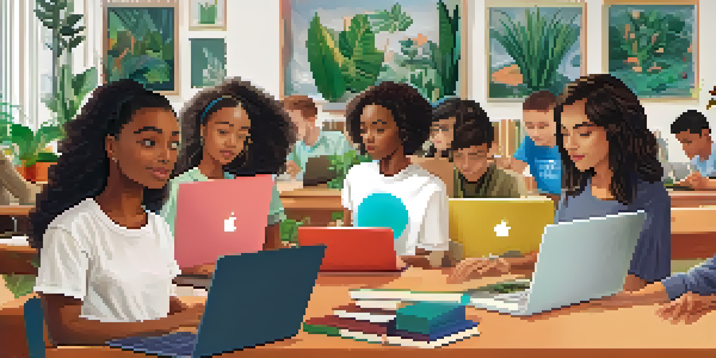 A diverse group of students focusing on their laptops in a bright, modern learning environment, with colorful screens showing educational material.