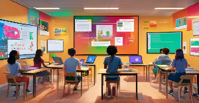 A lively virtual classroom with diverse students engaged in remote learning, colorful screens, and educational materials.