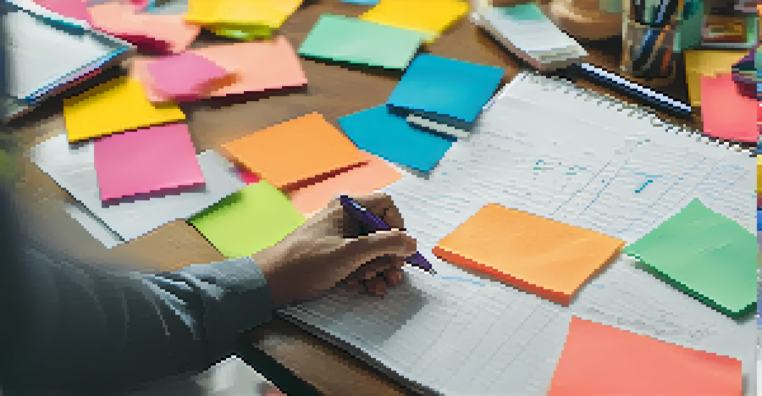 Close-up of hands writing on a notepad with colorful sticky notes and pens, set in a blurred collaborative workspace.