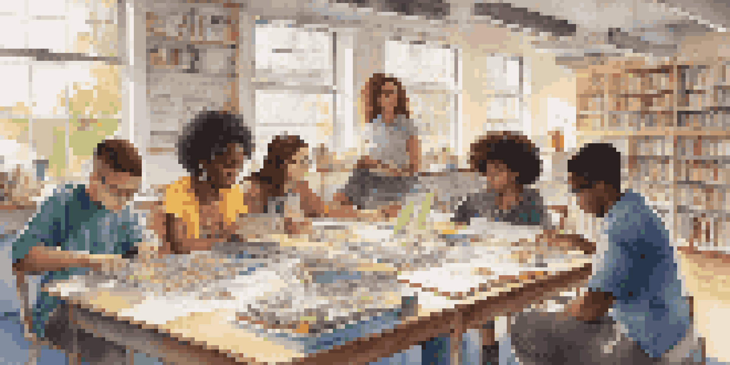 A diverse group of students collaborating on a STEM project at a table filled with books and laptops, bathed in sunlight.