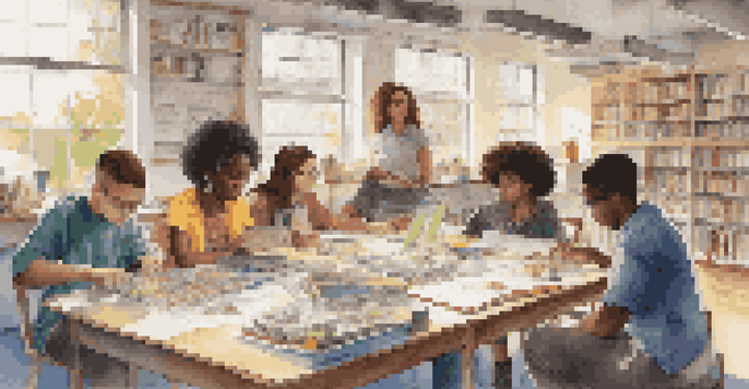 A diverse group of students collaborating on a STEM project at a table filled with books and laptops, bathed in sunlight.