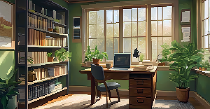 A cozy study room with a wooden desk, books, a laptop, and a steaming cup of coffee, illuminated by soft natural light from a large window.