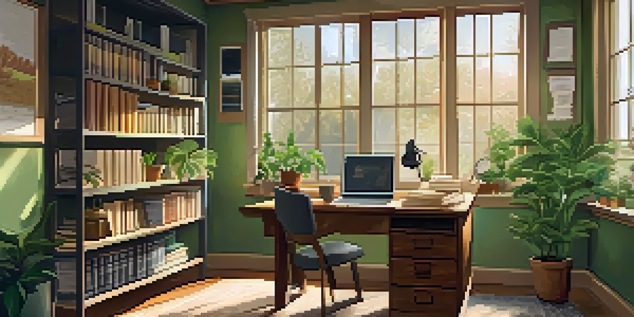A cozy study room with a wooden desk, books, a laptop, and a steaming cup of coffee, illuminated by soft natural light from a large window.