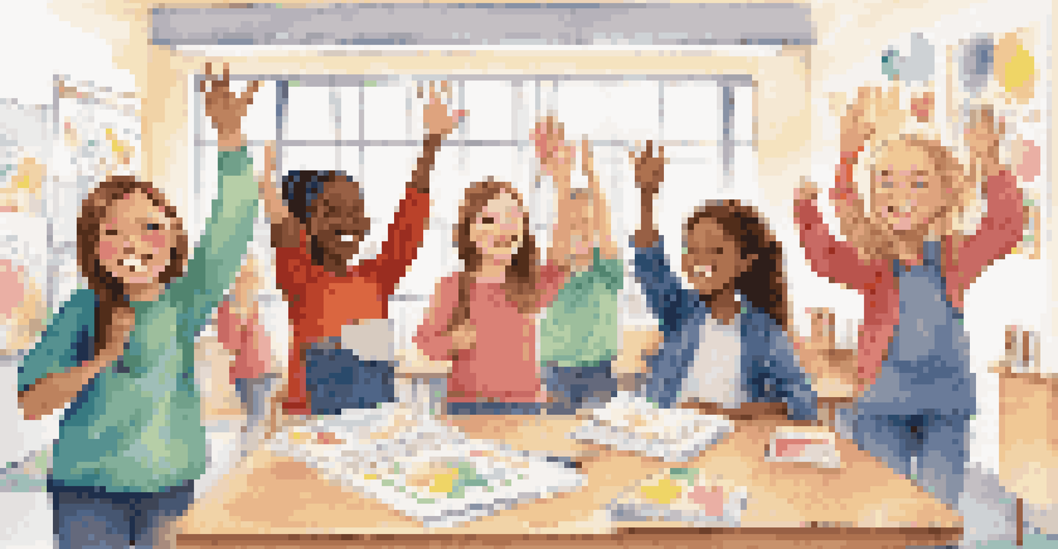 A group of joyful students celebrating with high-fives after completing a group project in a vibrant classroom.