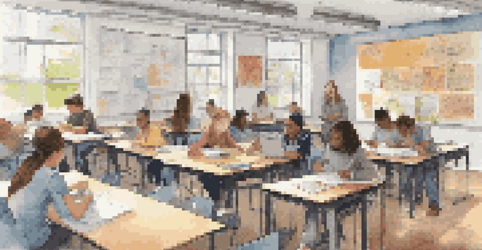 A vibrant high school classroom with students actively participating in self-directed learning, using laptops and books, amidst a supportive environment.