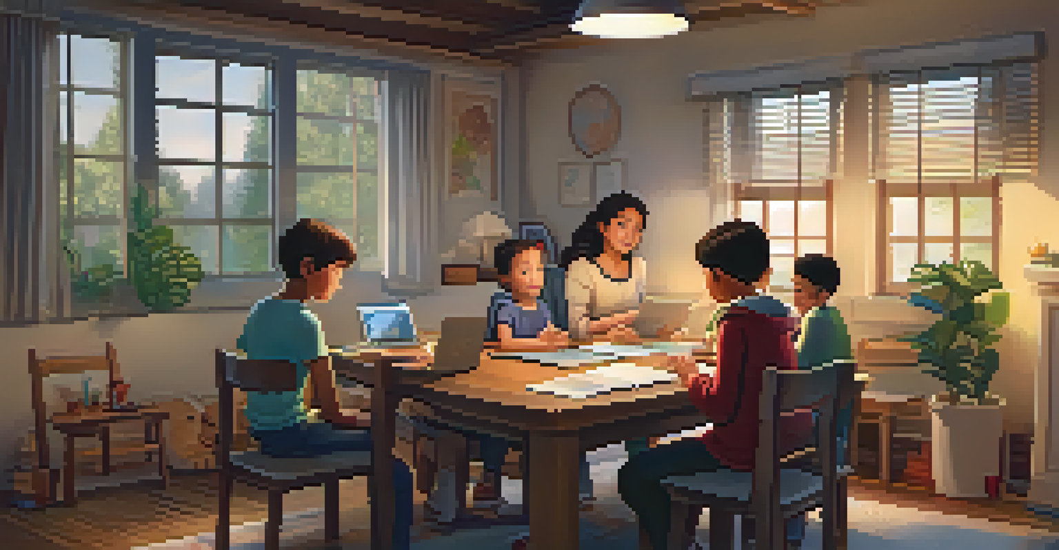 A family discussing digital citizenship together at a table with a laptop open, creating a warm and collaborative environment.