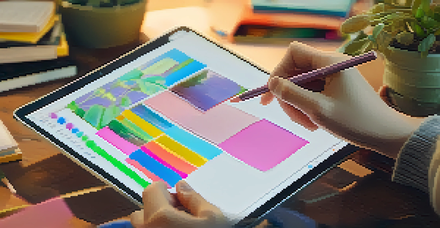 A hand holding a tablet with a video tutorial, surrounded by notebooks and sticky notes in a cozy study environment.