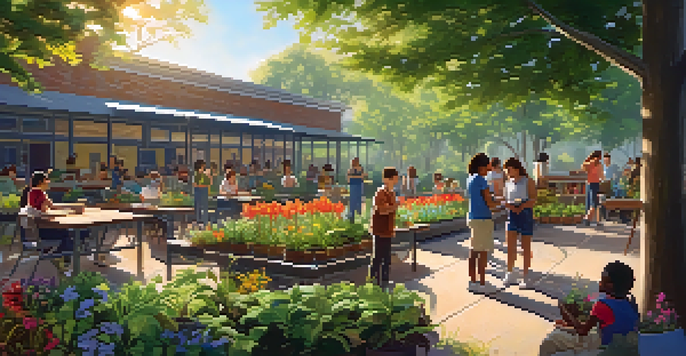 Students working together in a colorful outdoor classroom filled with plants and flowers, enhanced by warm sunlight filtering through the trees.