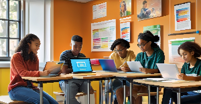 A diverse group of students in a colorful classroom, each using different mobile devices, collaborating and sharing ideas in an inclusive learning environment.