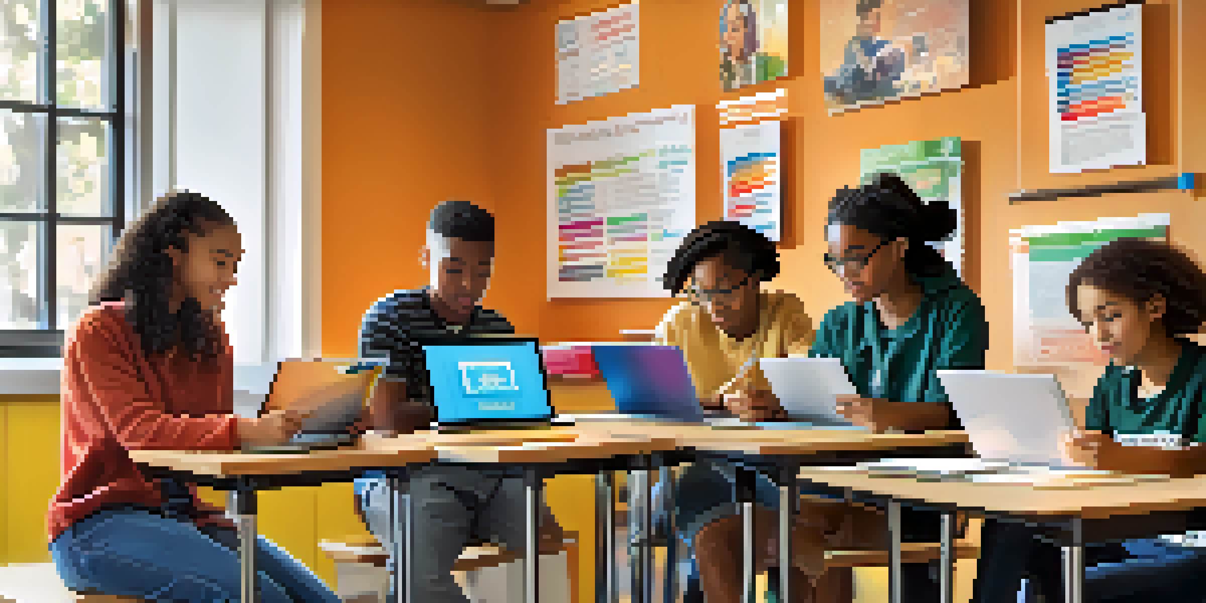 A diverse group of students in a colorful classroom, each using different mobile devices, collaborating and sharing ideas in an inclusive learning environment.
