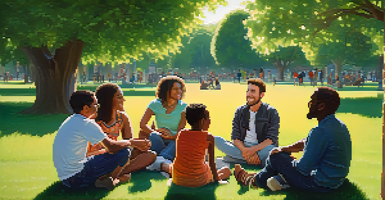 A diverse group of people sharing stories in a sunny park, displaying joy and curiosity.