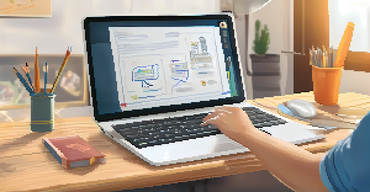 A close-up of a computer screen showing an engaging online skill development course, with a student's hands and study materials in the frame.