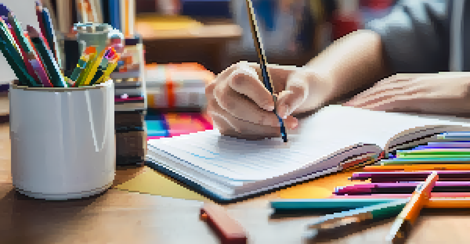 A close-up of a student's hands writing in a journal with colorful stationery and educational tools in a peaceful study space.
