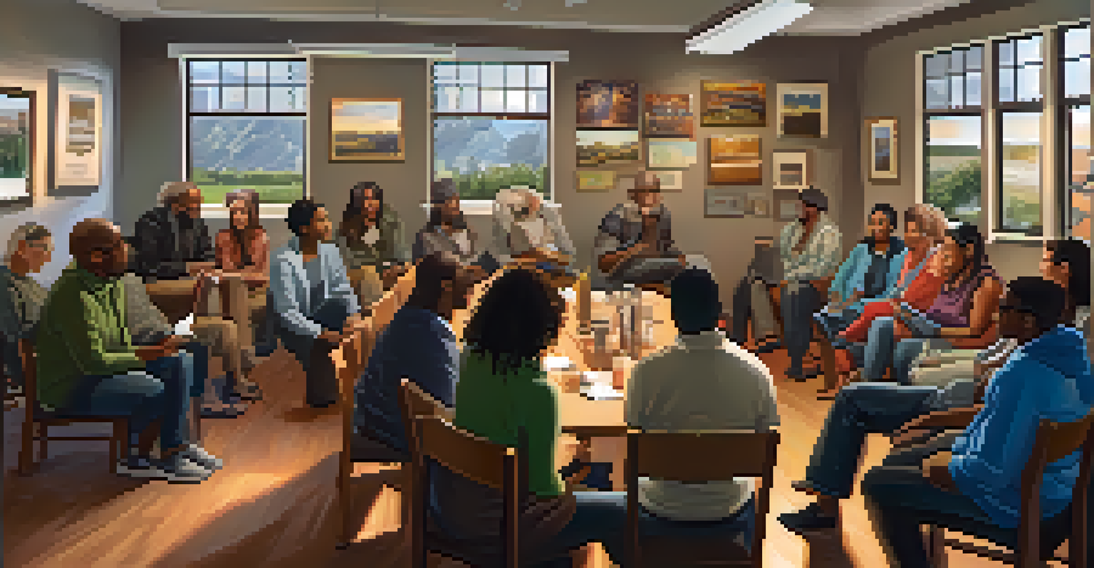 A warm and inviting workshop scene with people sharing stories and listening to each other, creating a supportive atmosphere.