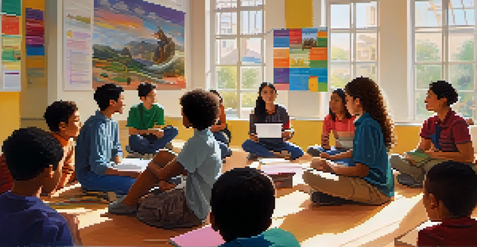 A vibrant classroom with diverse students discussing language learning, surrounded by colorful cultural posters and a whiteboard filled with vocabulary.