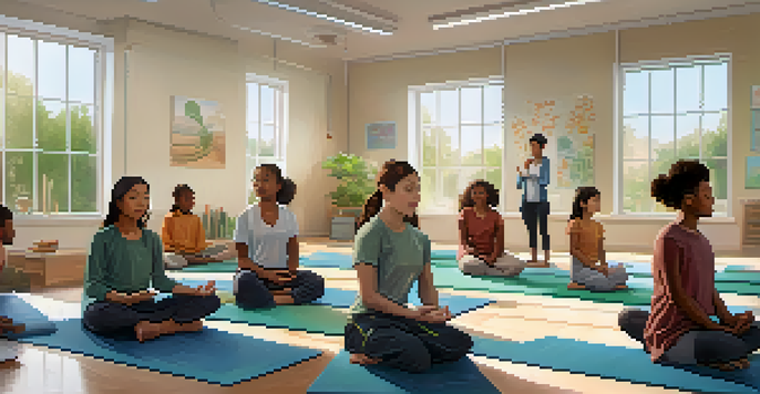 A diverse group of students practicing mindfulness in a bright classroom with a teacher guiding them.