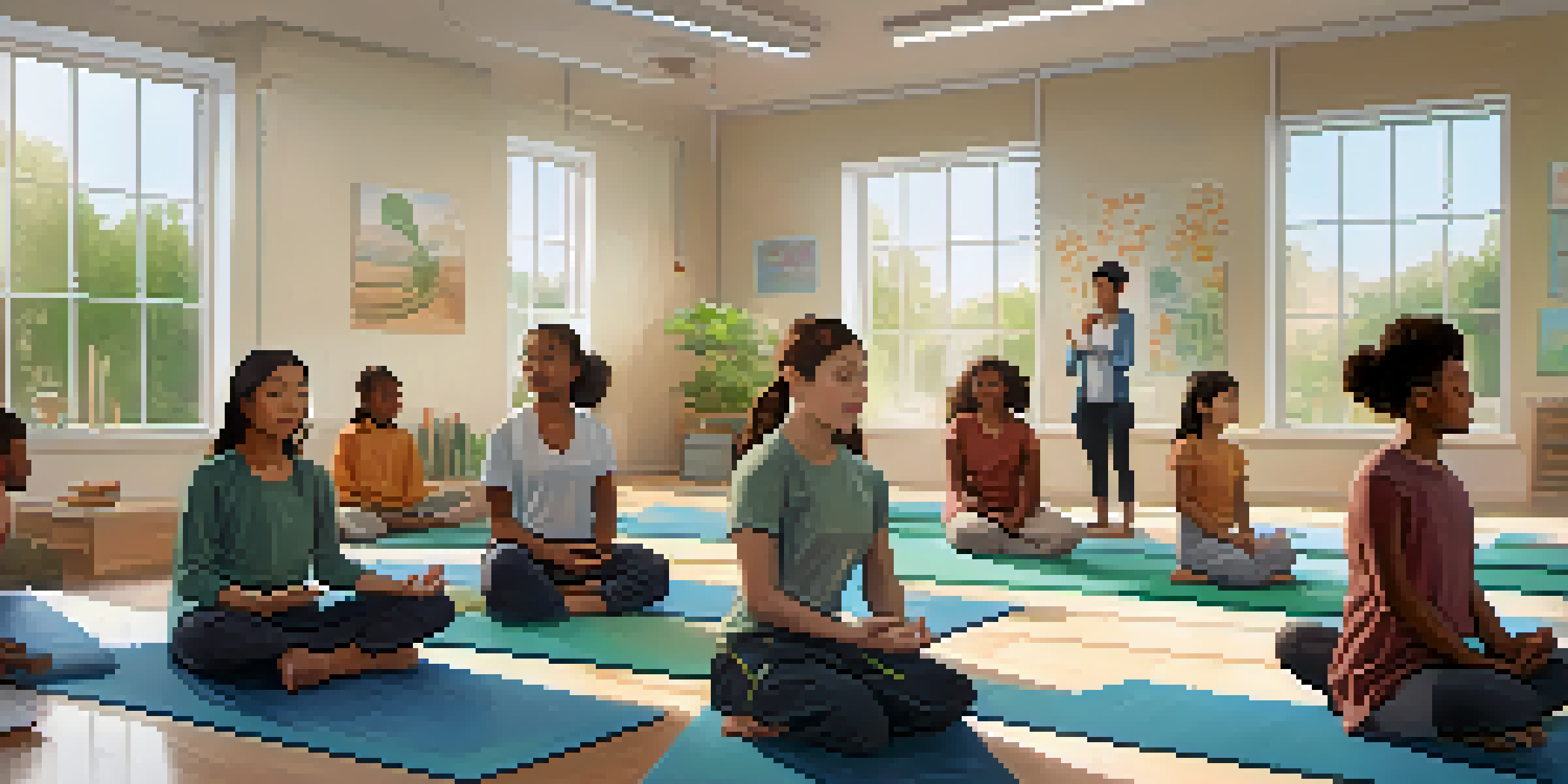 A diverse group of students practicing mindfulness in a bright classroom with a teacher guiding them.